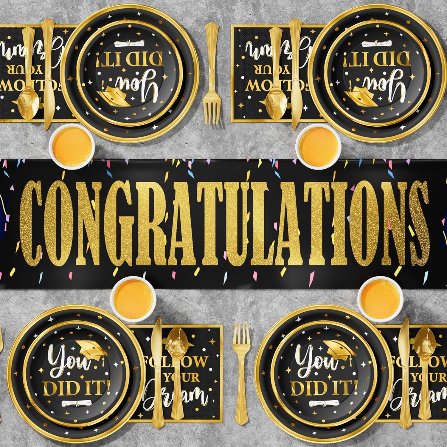 Ecomore Graduation Decoration Class of 2026, 175PCS Graduation Party Supplies Disposable Dinnerware(Serve 25) with Paper Plates Cup Napkin Fork Knife Spoon College High School Grad Decor(Black & Gold)