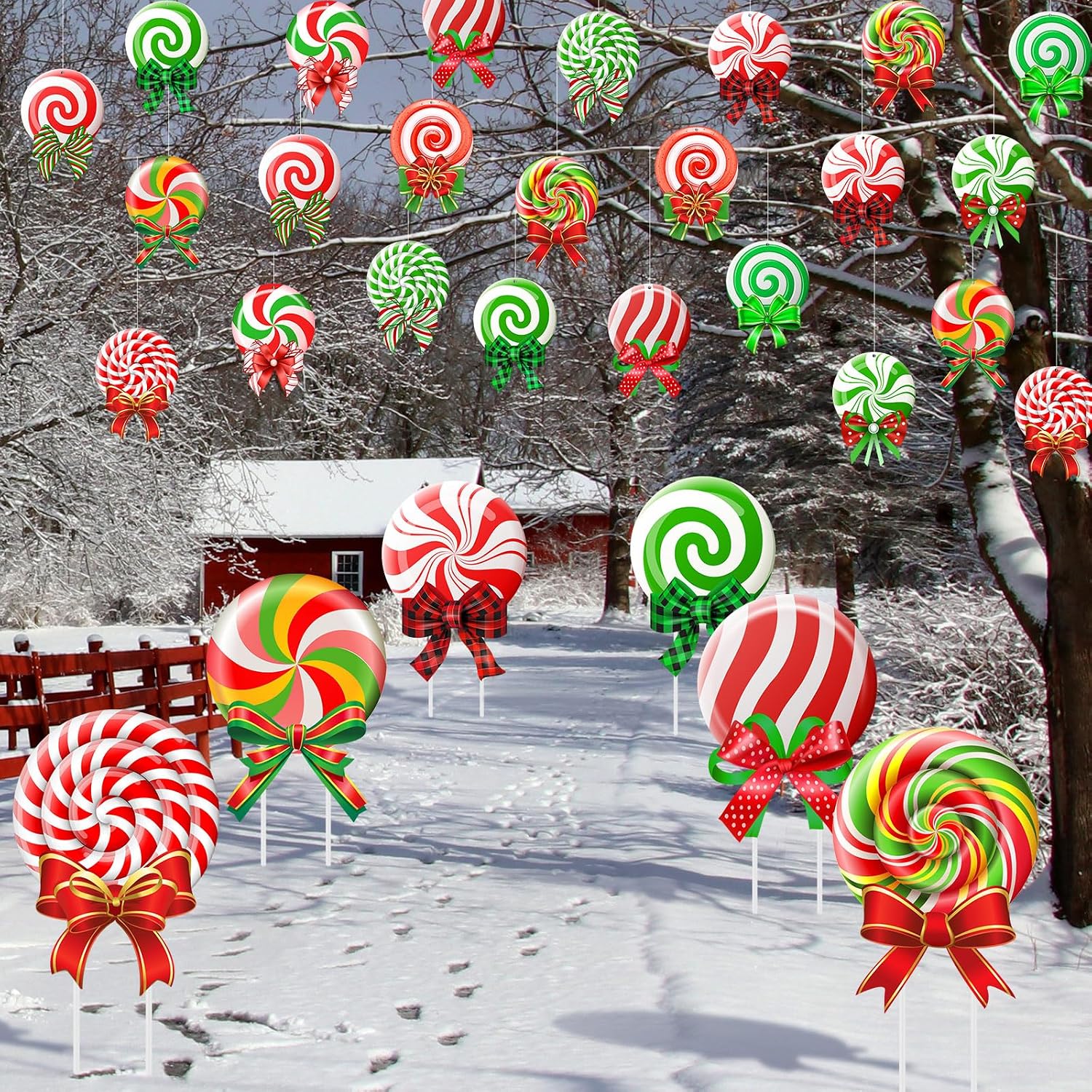 Huwena 30 Pcs Christmas Outdoor Hanging Decorations Snowflakes Candy Yard Signs Include 6 Plastic Yard Stakes 24 Double Sided Ornaments for Christmas Winter Holiday Garden Tree Decor(Candy Cane)