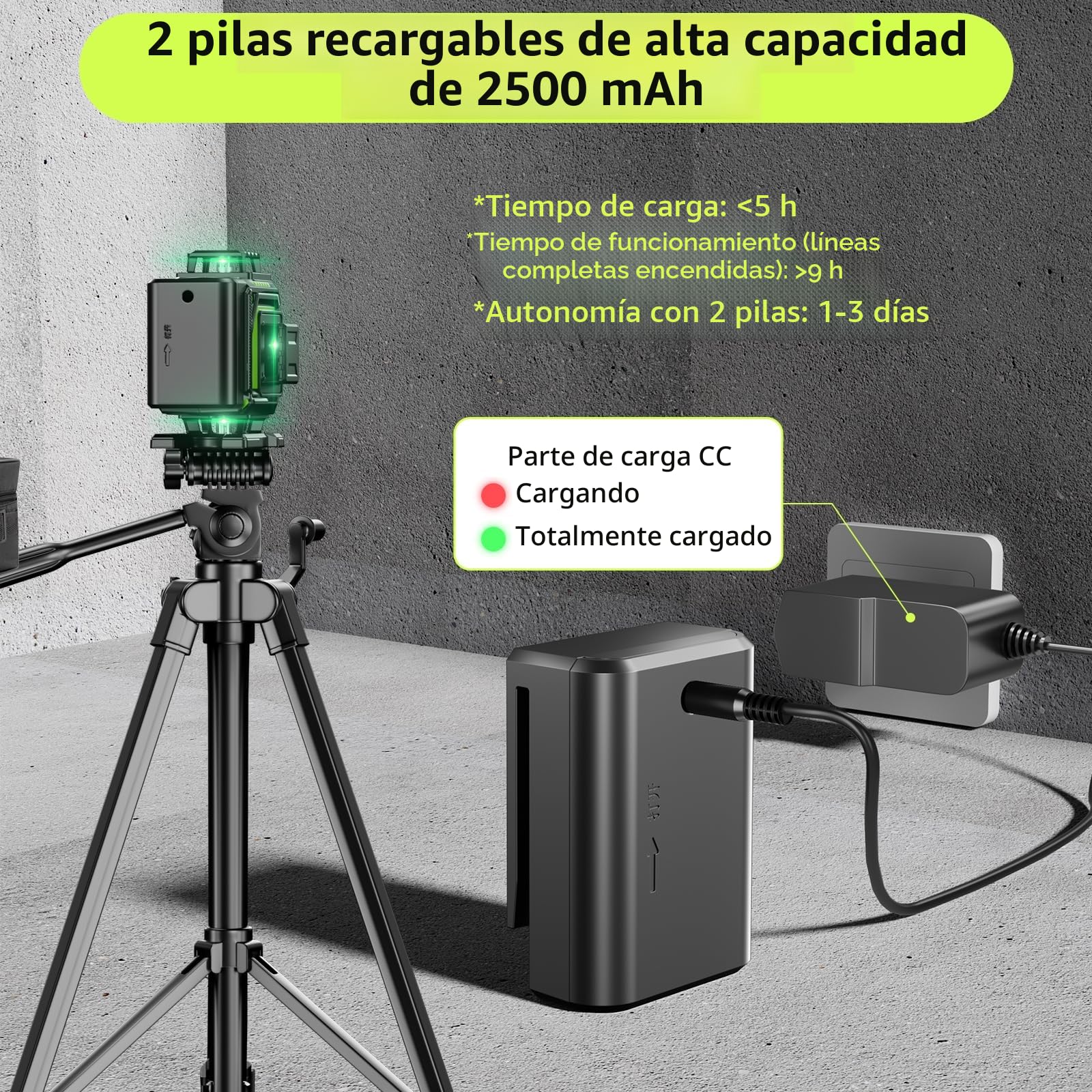 Nivel Laser Autonivelante 360 Grados con Trípode, Nivel Láser Verde 16 Líneas, 2 x 360 Horizontal y 2 x 360 Verticales, 2 x Batería, Montaje en Pared, Control Remoto, Base Magnética, Soporte Giratorio