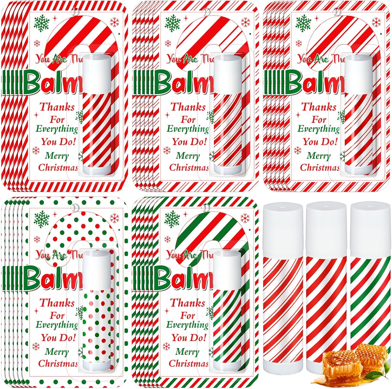 30 Pack Christmas Lip Balms Bulk Xmas Lip Balm Honey Flavored 5 Styles Holiday Party Treat Goodie Bags Stuffers Small Gifts for Women Men
