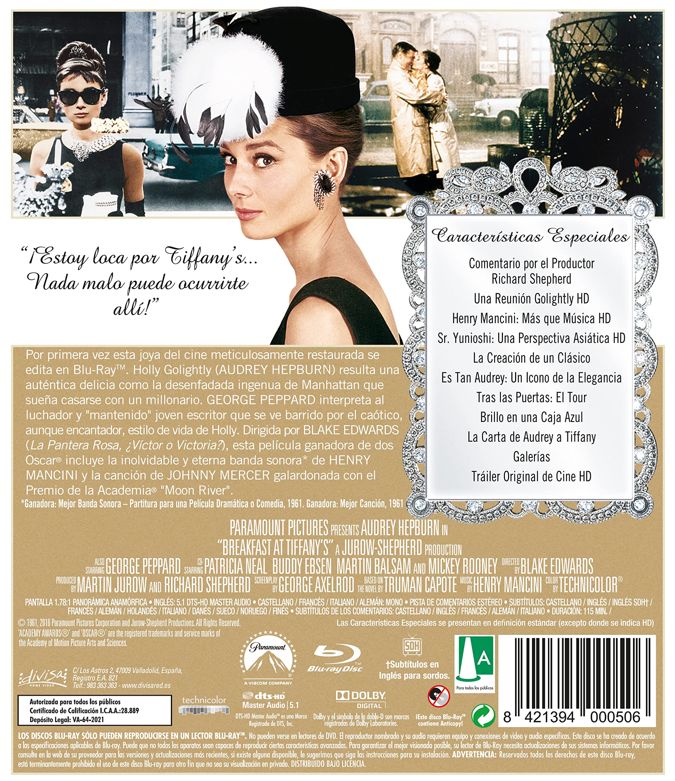 Colazione da Tiffany, Breakfast at Tiffany's 1961 Blu-Ray Import Spagnolo, Audio Italiano, Blake Edwards, Audrey Hepburn, George Peppard, Patricia Neal