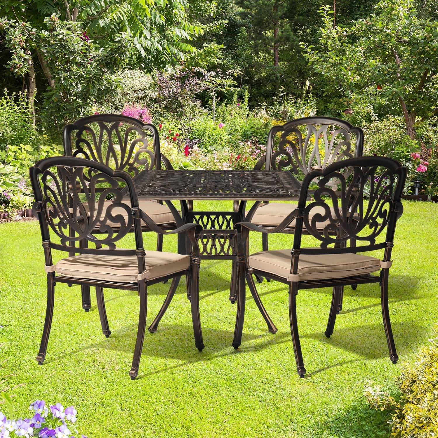 Outvita 4 Piece Outdoor Bistro Dining Chair Set, All-Weather Cast Aluminum Dining Chairs with Cushion, Stackable & Easy to Store Furniture for Patio Garden Deck Antique