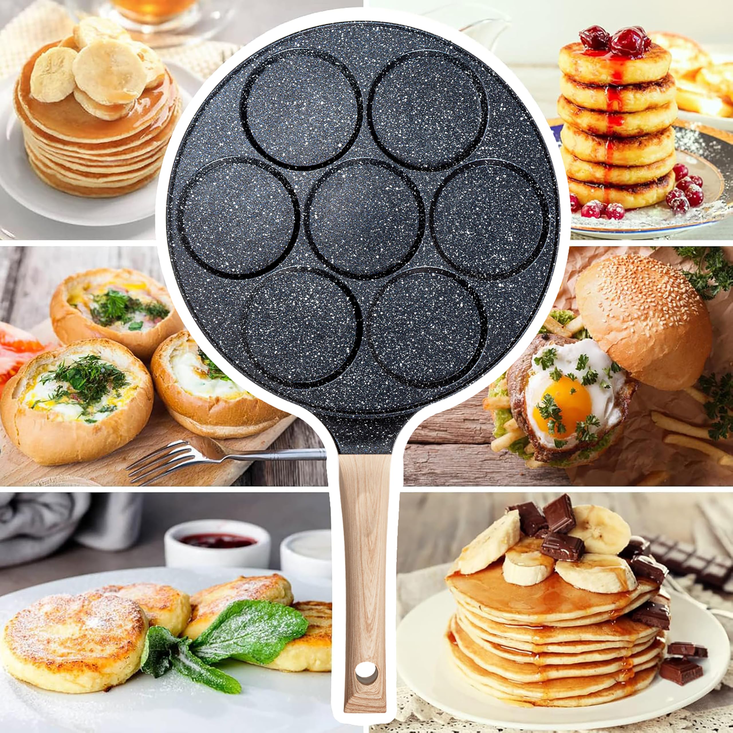 IPEA Padella Pancake Antiaderente per Induzione e Gas - Anti Aderente in Alluminio Per Frittata, Crepes, Uova, Hamburger - Padella da Cucina con 7 Stampi - Manico Comfort - 29 x 26,5 cm