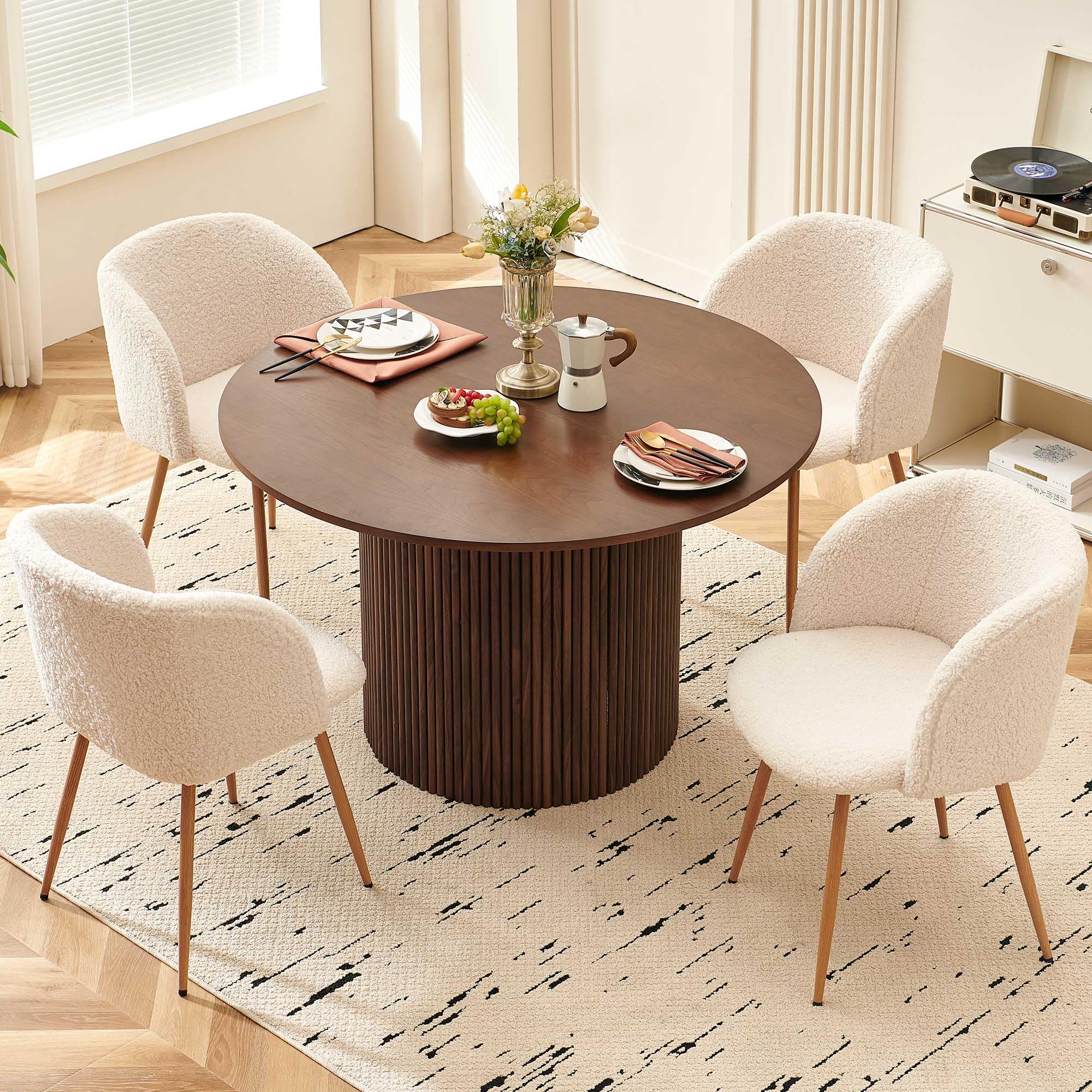 NORDICANA 5-Piece Wooden Round Dining Room Table and Chair Set, 47-Inch Kitchen Table with Barrel Chairs for 4, Off White Upholstered Sherpa Dining