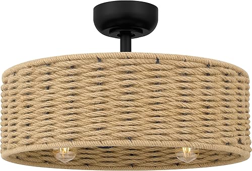 Quoizel Ventilador de techo LED Islander de 14 pulgadas, color negro mate y cáñamo con mando a distancia