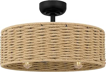 Quoizel Islander 4-Light Matte Black Ceiling Fan with Light, Bohemian Fandelier with Hemp Rope Shade, 3-Speed Reversible Motor, Remote Control, Coastal Design with Natural Materials