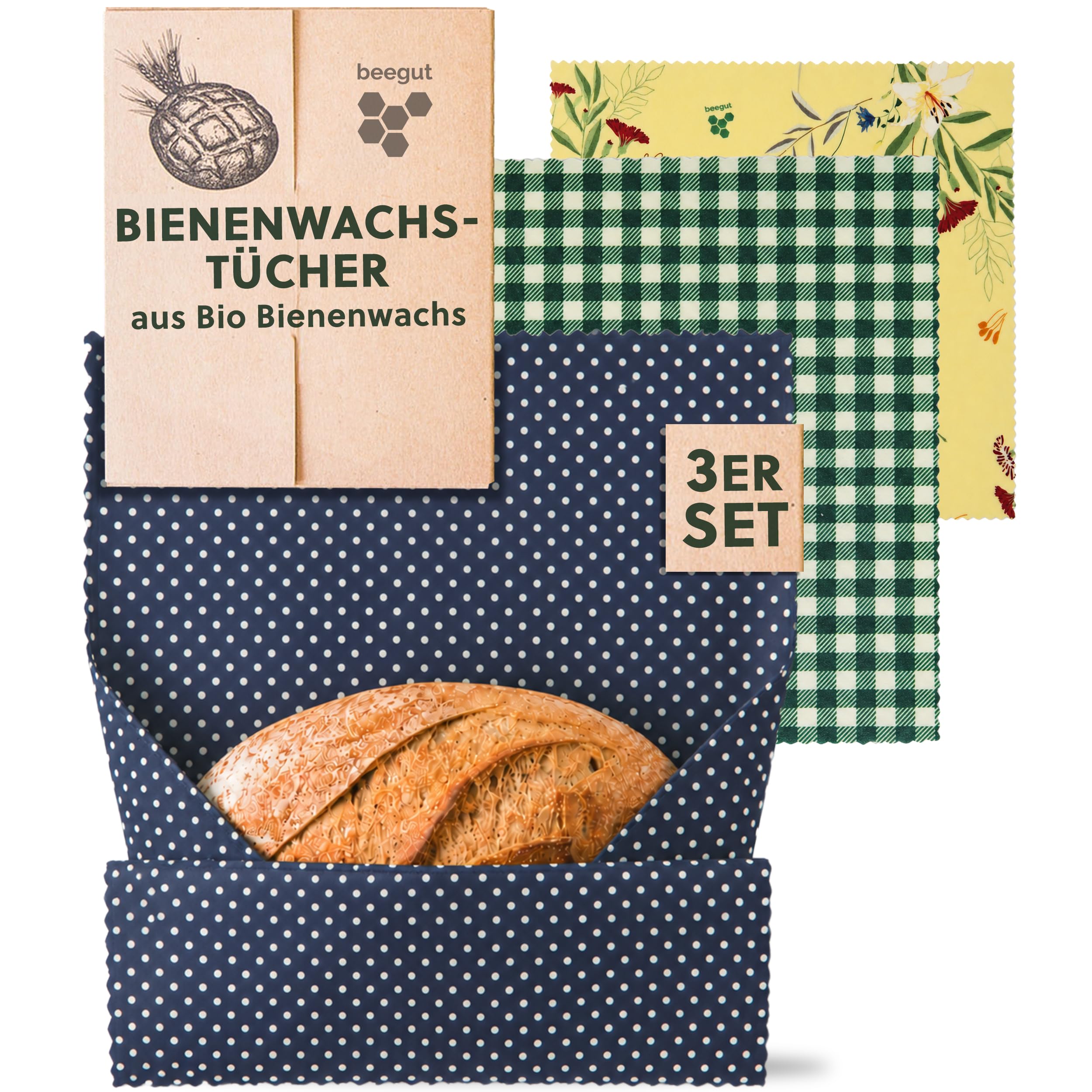 beegut BIO Bienenwachstücher 3er Set aus Deutschland, Lebensmittel frisch halten, nachhaltige & wiederverwendbare Alternative zur Frischhaltefolie, konform als Lebensmittelverpackung