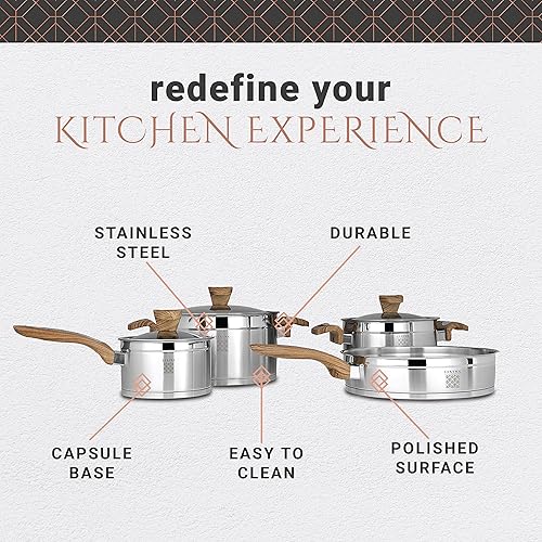 Miniatura 2 de Serenk Juego de utensilios de cocina de acero inoxidable de 7 piezas, compatible con inducción, incluye olla, olla de cocina, sartén y sartén con