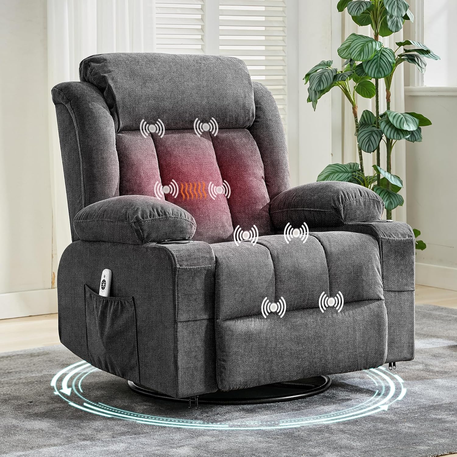 Oversized 360° Swivel Recliner Chair with Heat & Massage - Wide Rocker Recliner for Big & Tall, 3-Position Remote Control, Cup Holders, Side Pocket & USB Port - Plush Lounge Chair for Living Room