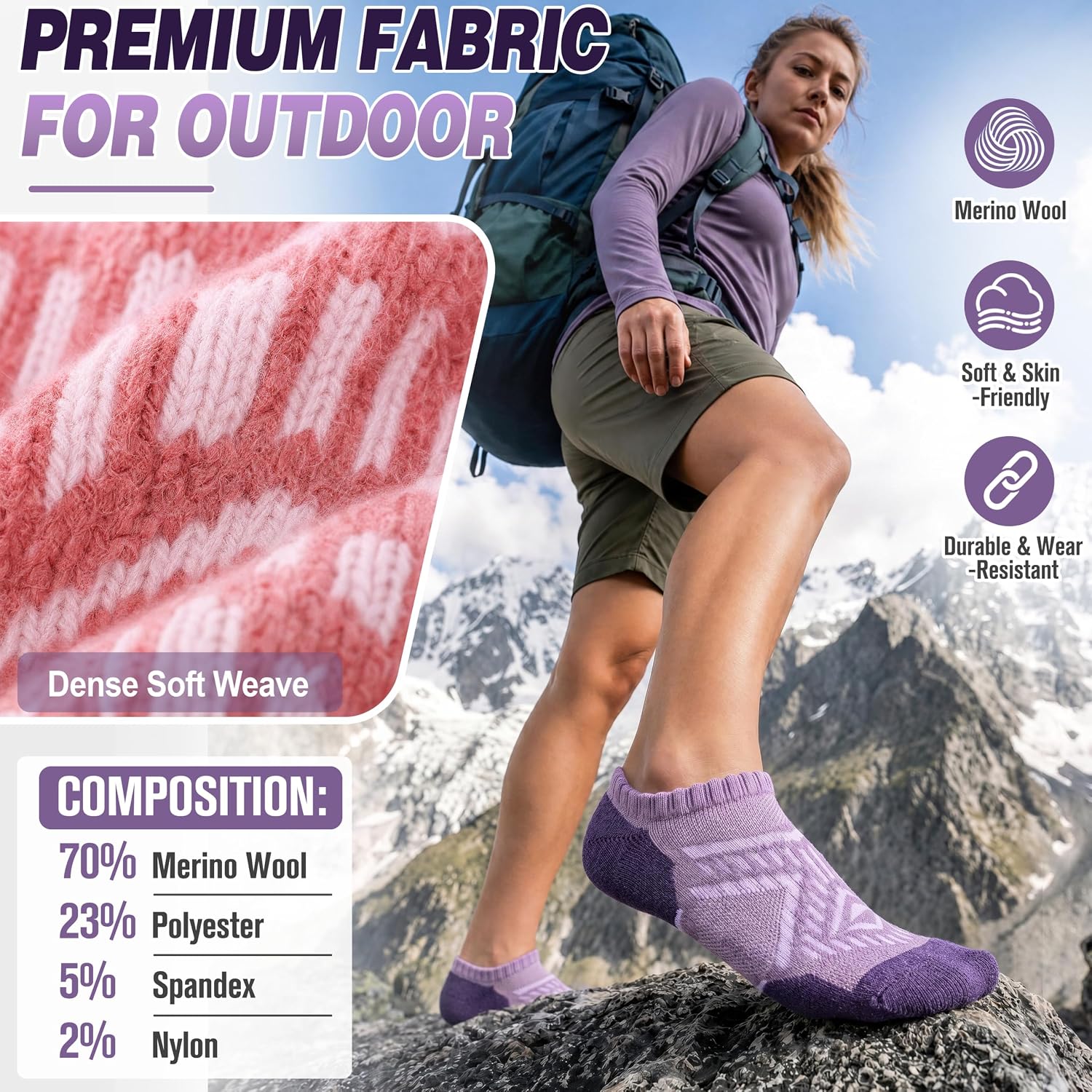 MOGGEI Merino Wool Ankle No Show Running Hiking Socks for Women Men | Cushioned Sole, Arch Support, Non-Slip Heel, Breathable Mesh, Elastic Cuff & Smooth Toe, Warm Thick Athletic Socks, 6 Pairs