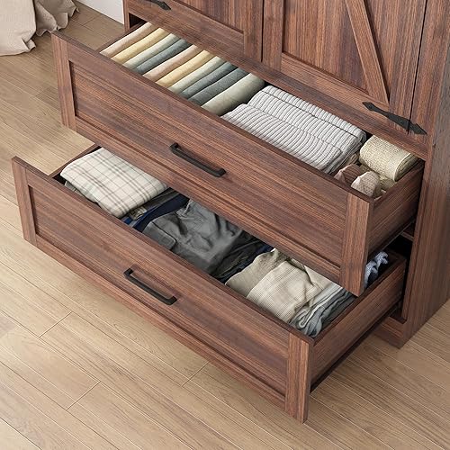 Miniatura 5 de Armario de 2 puertas con puertas y cajones, armario de madera de granja con estantes y barra para colgar para dormitorio, color marrón