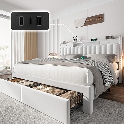 CypBed Queen Bed Frame with Headboard ＆ 4 Storage Drawers, Velvet Upholstered Platform Bed Frame Queen Size with 3 USB & Type-C Charging Ports, Solid Wood Slats, No Box Spring Needed, No-Noise,White