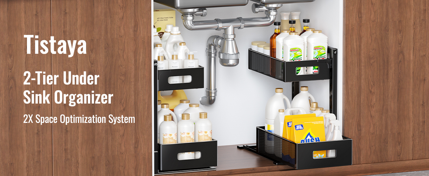 Under Sink Organizer 2 Tier - Slide Out Pull Out Cabinet Shelf For Kitchen & Bathroom