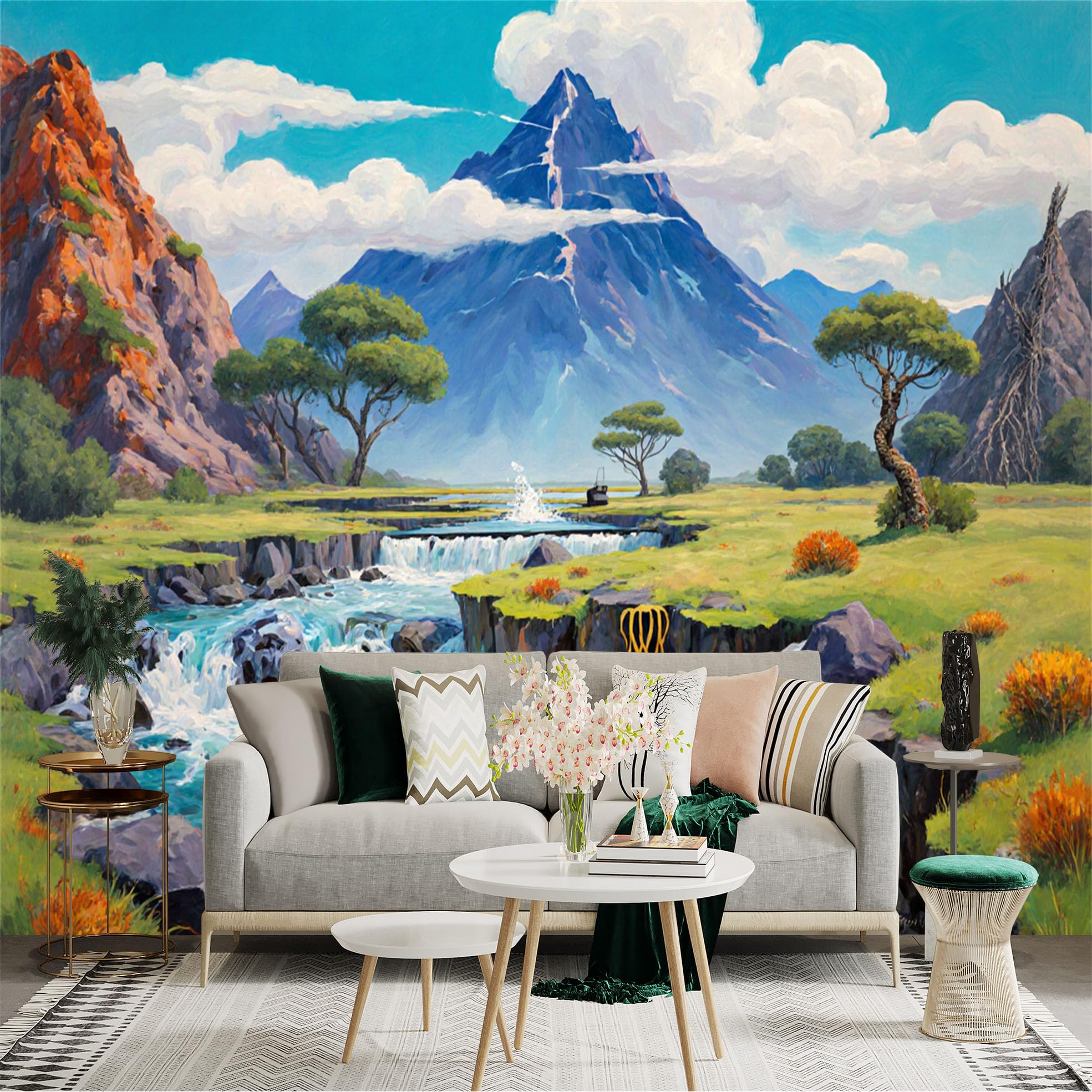 Lnzczhyre Xc260505514 Custom Size Wall Sticker Mural， Majestic Mountain Peak， Flowing River With Waterfall， Picturesque Alpine Meadow， Nature Landscape， For Wall Decoration， Peelandstick Wall Decals.