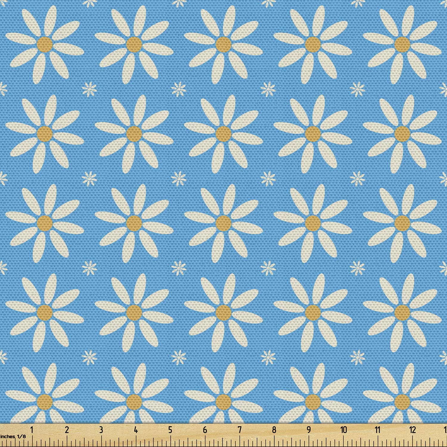 Ambesonne Spring Fabric by The Yard, Simple Floral Pattern of Blooming Daisy Petals on Blue Backdrop, Decorative Fabric for Upholstery and Home Accents, 1 Yard, Azure Blue