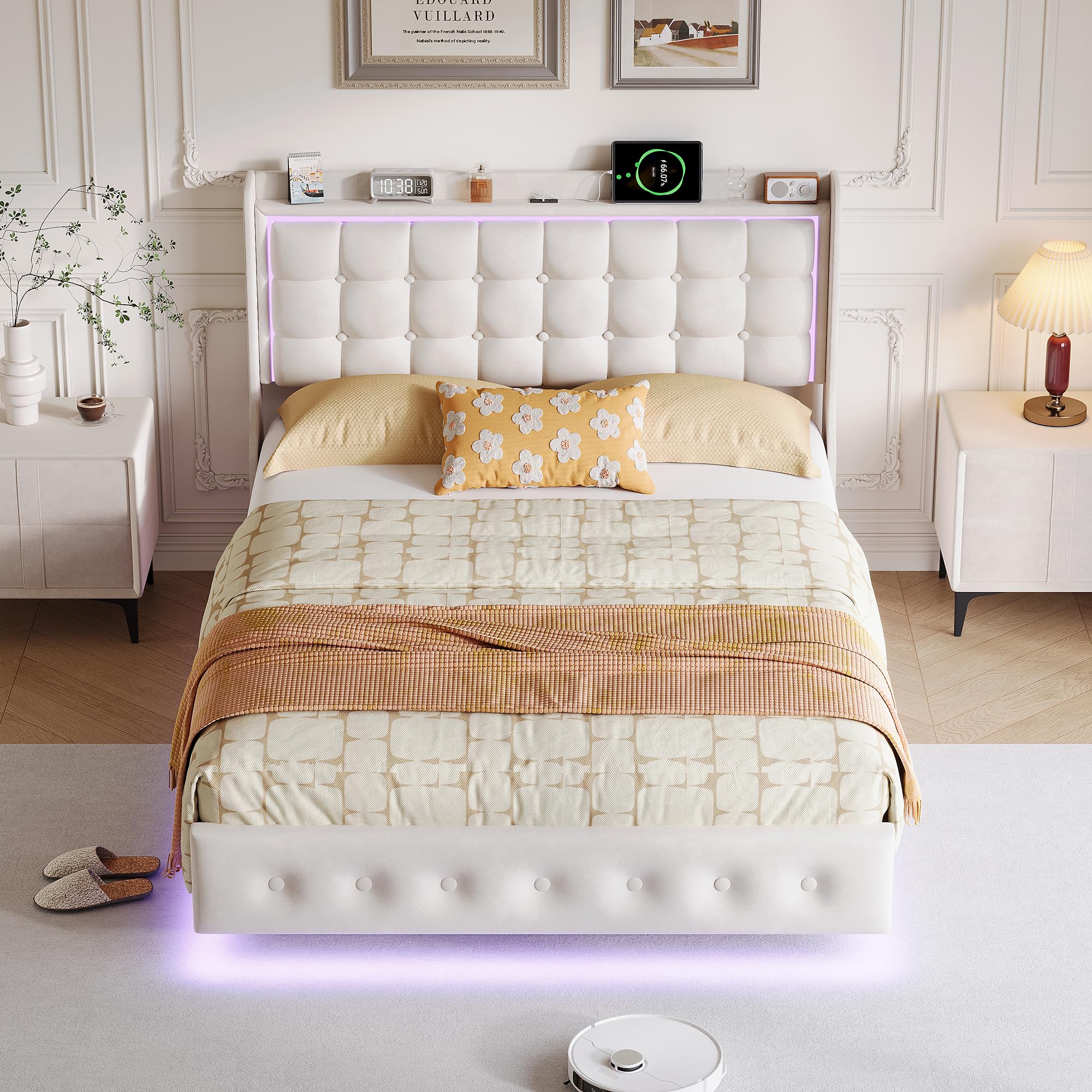 Letto imbottito con effetto galleggiante, LED RGB e porte USB integrate, letto matrimoniale 140 x 200 cm con testiera e rete a doghe in tessuto velluto