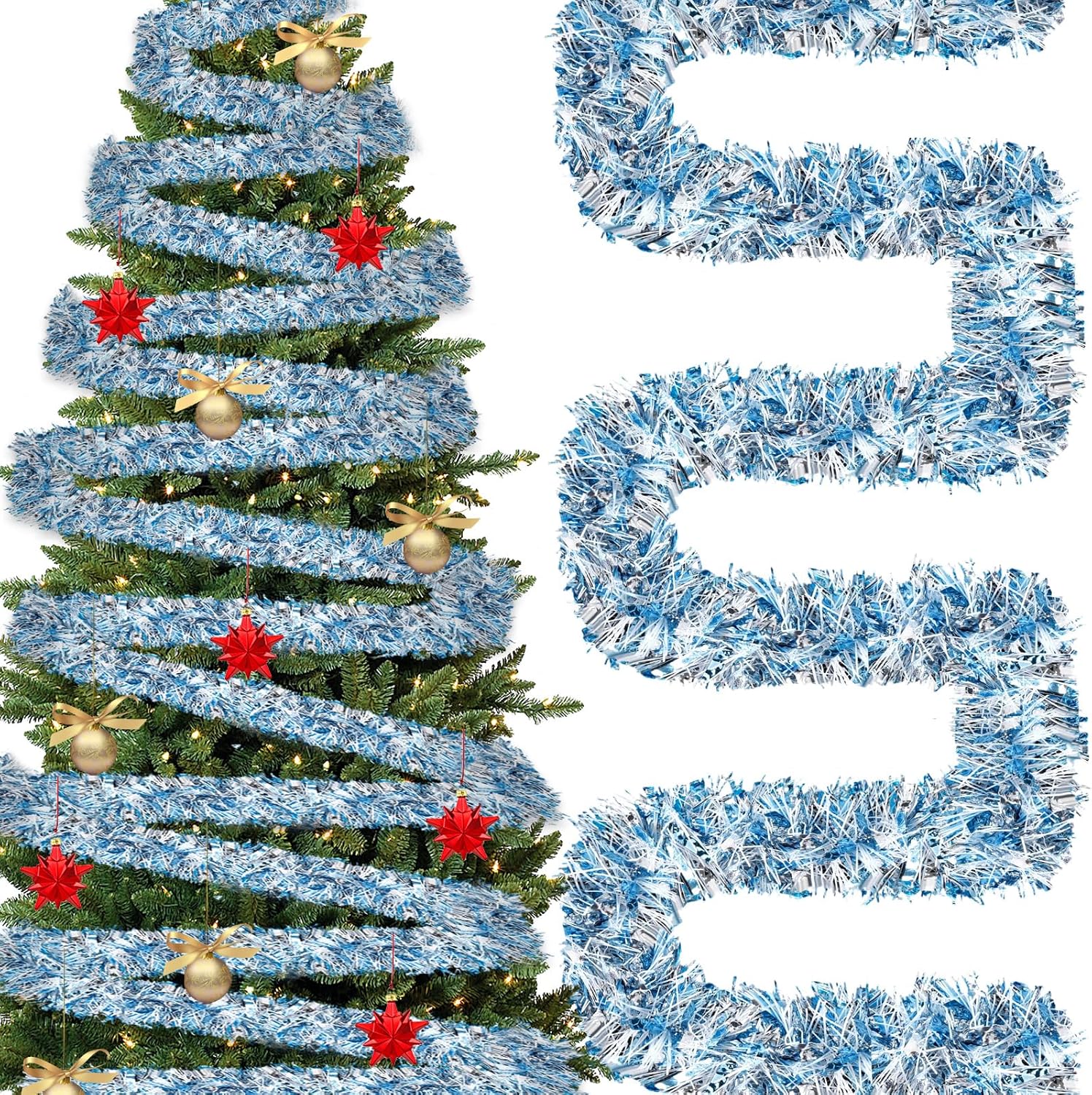 295 Feet Mardi Gras Tinsel Garland Metallic Tinsel Garland Glitter Twist Metallic Shiny Hanging Garlands Decorations Mardi Gras Tree Ornaments for Carnival Party(Blue, White, Silver)