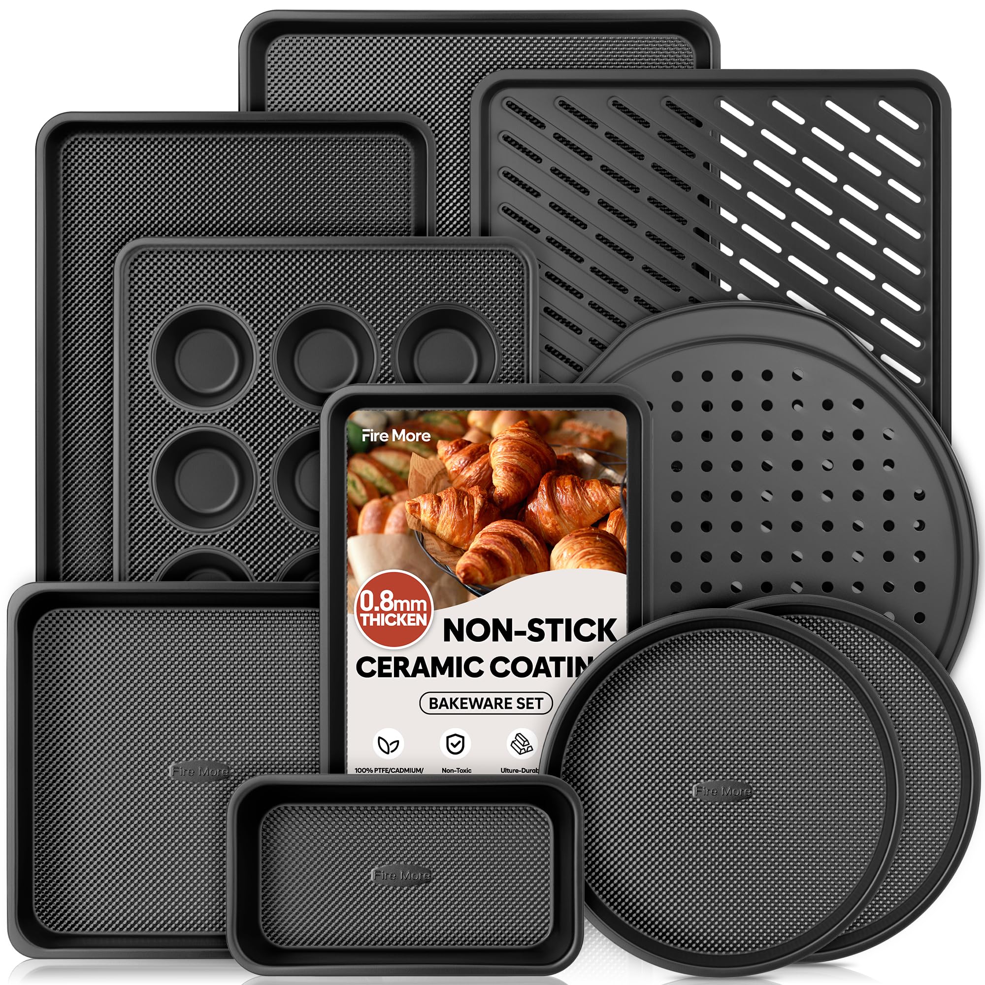 Fire More 10-teiliges Backset, 0,8 mm Dicke Antihaft-Backformen Set mit Backblech, Abkühlgitter, Muffinform, Runder/Eckiger Kuchenform, Pizzablech, Stapelbar & Platzsparend