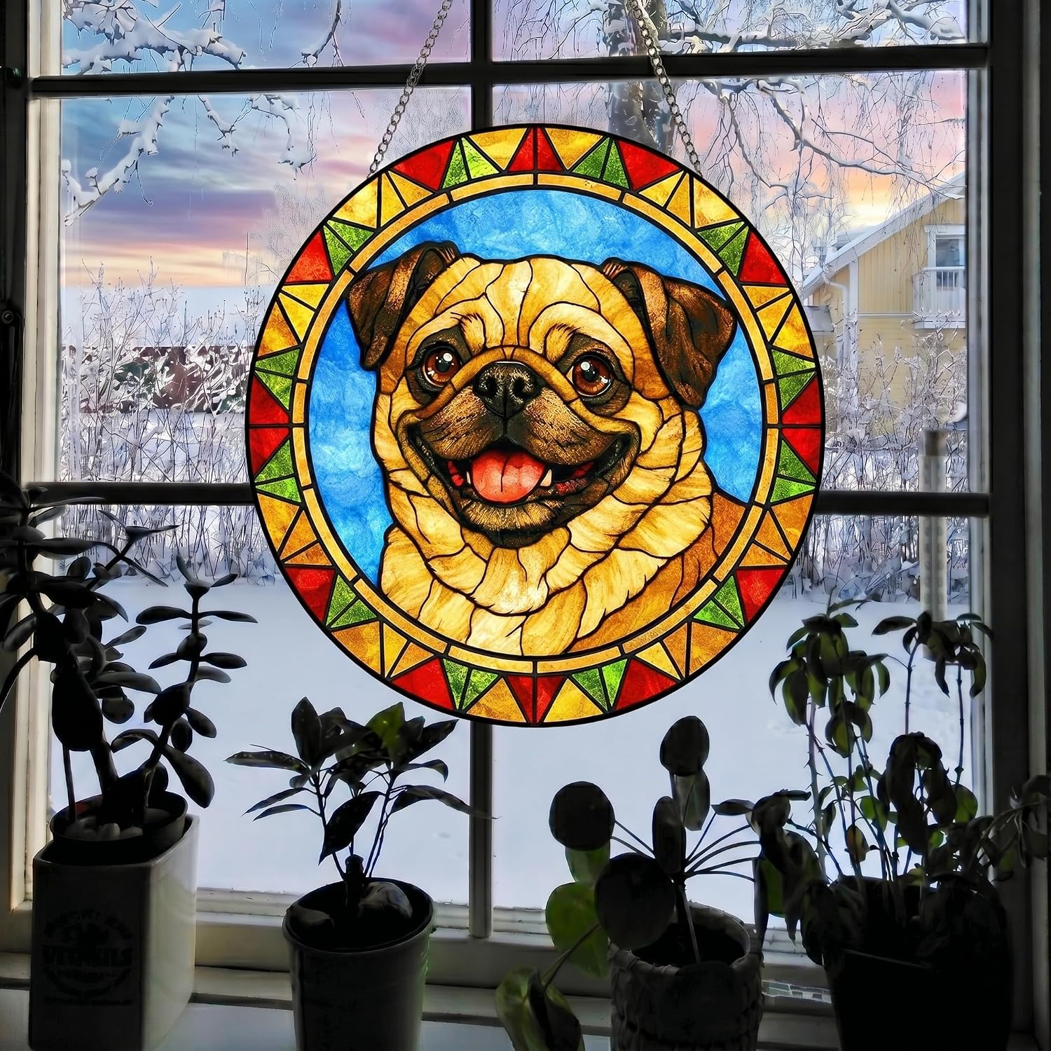 Stained Glass Dog Memorial Suncatcher,Pug Window Hanging,Sympathy Gifts for Pet Loss,7.9 inch/20 cm Home and Garden Decor for Dog Lovers