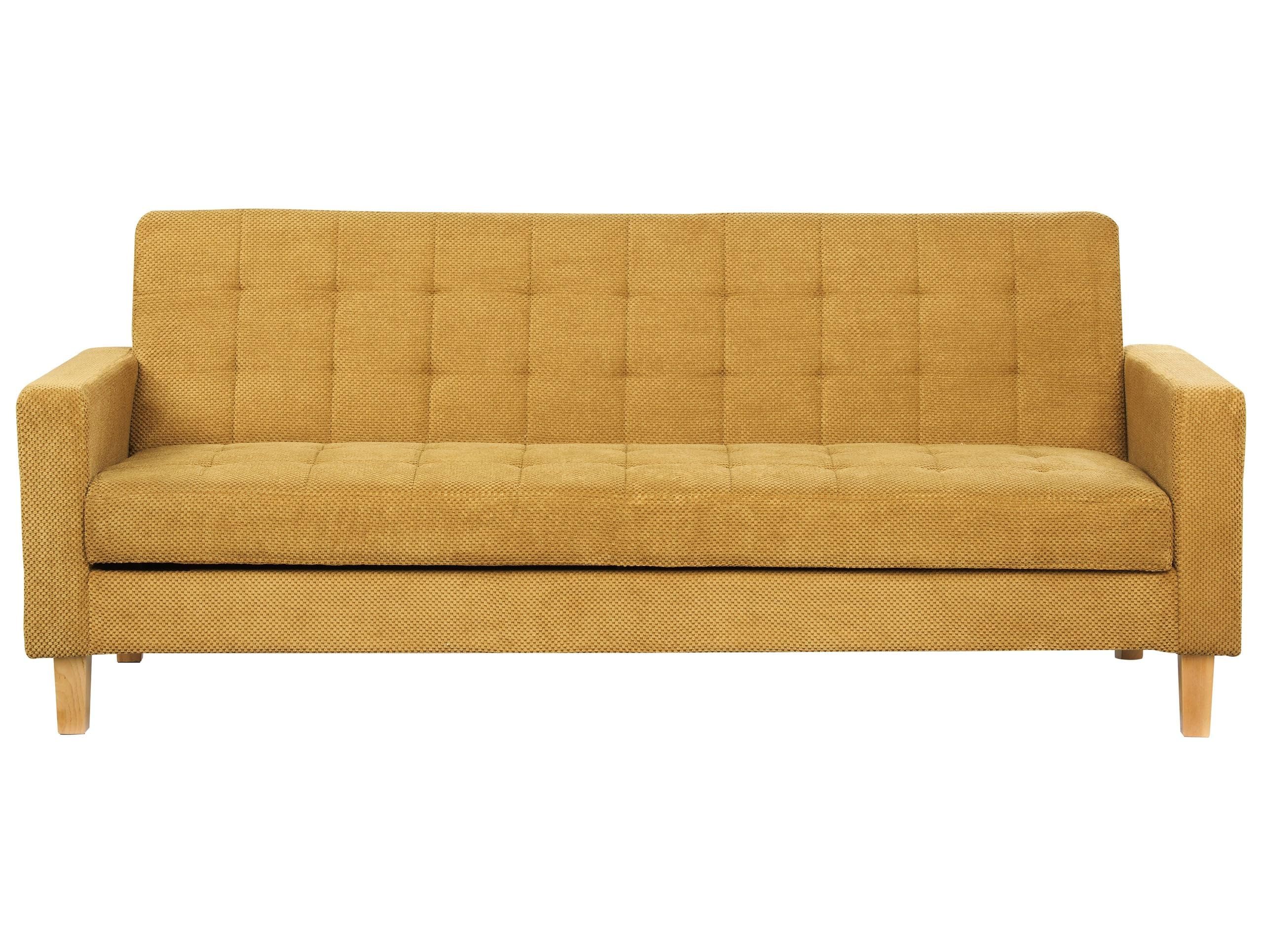 Beliani 3-Sitzer Sofa mit Schlaffunktion Stoffbezug gelb gesteppt Holzbeine Retro Vehkoo