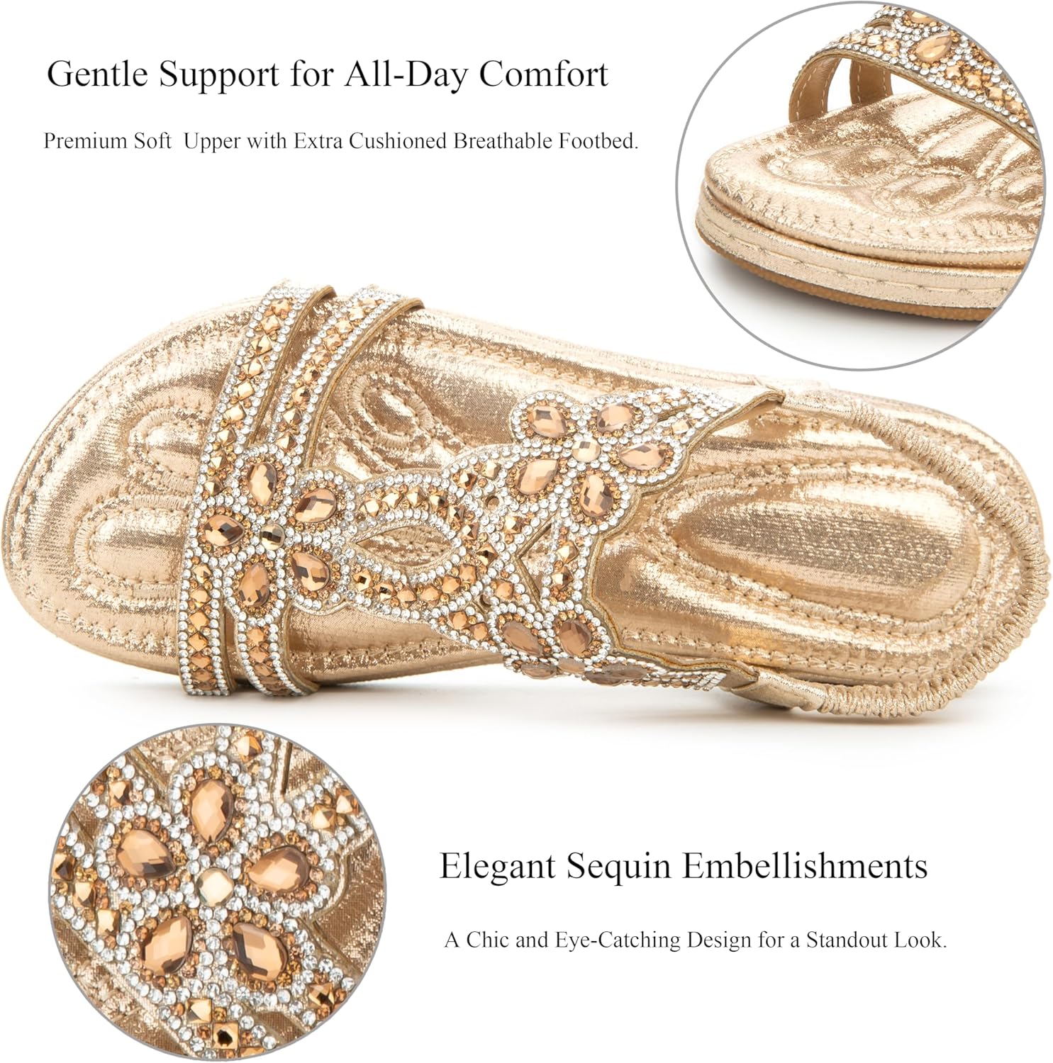 Women's Comfortable T-Strap Sandals - Extra Cushioned Bohemian Flat Shoes with Rhinestones & Beads for Walking, Beach, Wedding - Image 3