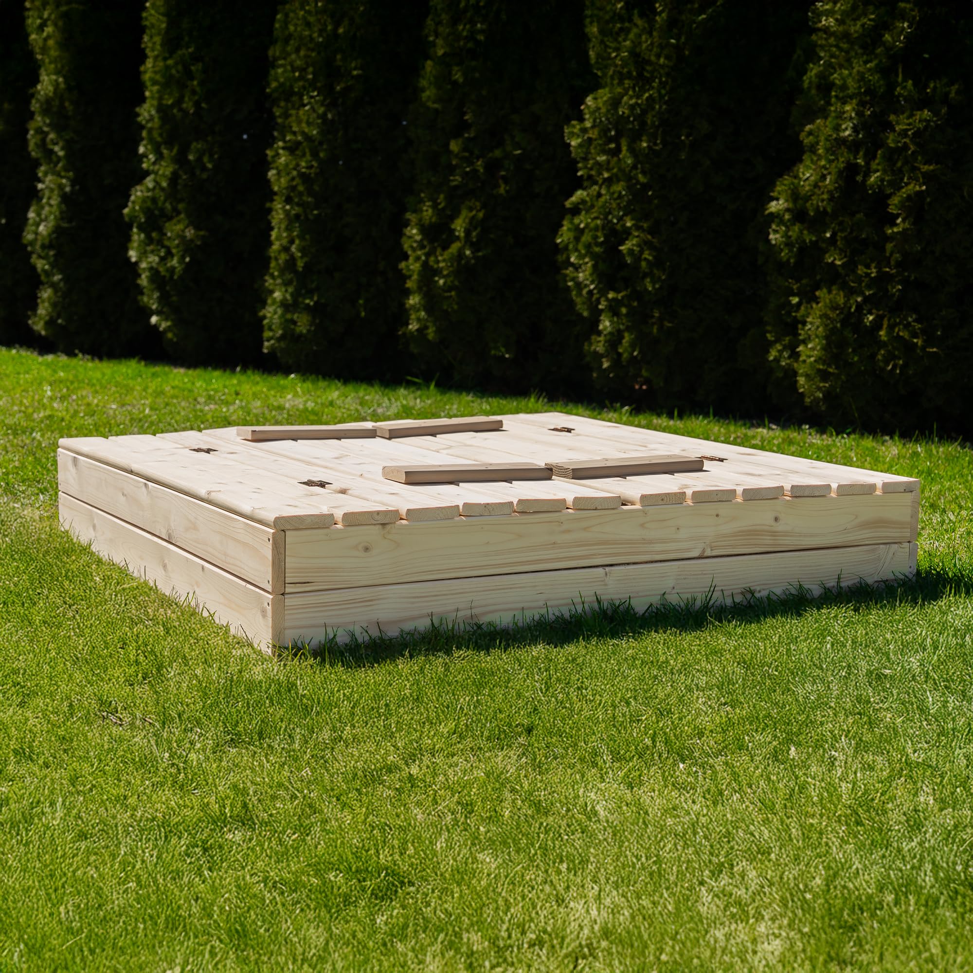 Caja De Arena Con Tapa Y Bancos – 120x120 Cm De Madera Natural, Con Agrotextil Incluido, Ideal Para Jardines Y Patios