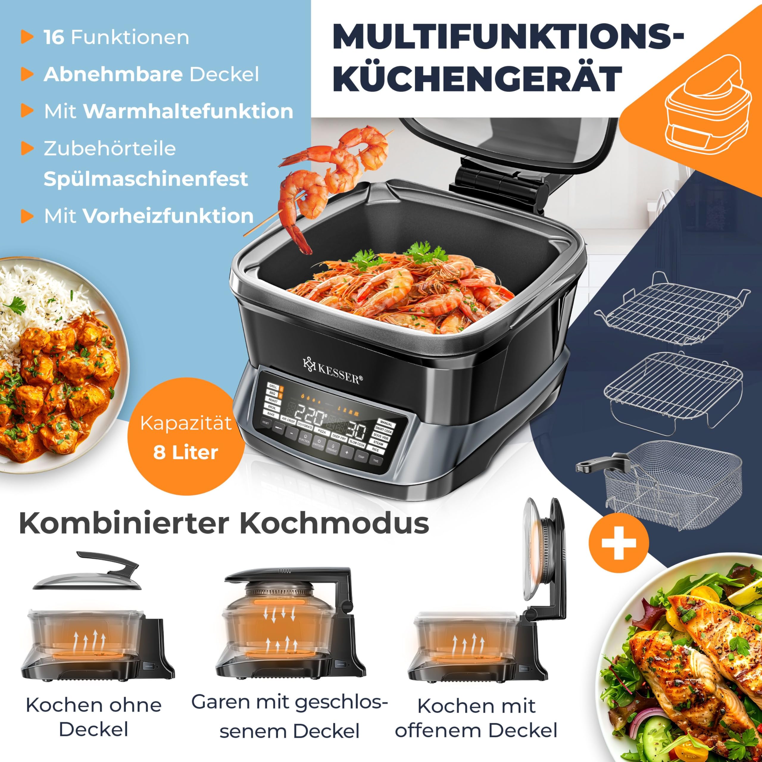 KESSER® Multikocher mit Heißluftfritteuse 8L & 16 Programme Küchengerät - Grillen, Backen, Schmoren, Dampfgaren Vorheiz- & Warmhaltefunktion Reiskocher Slow Cooker, Joghurtbereiter