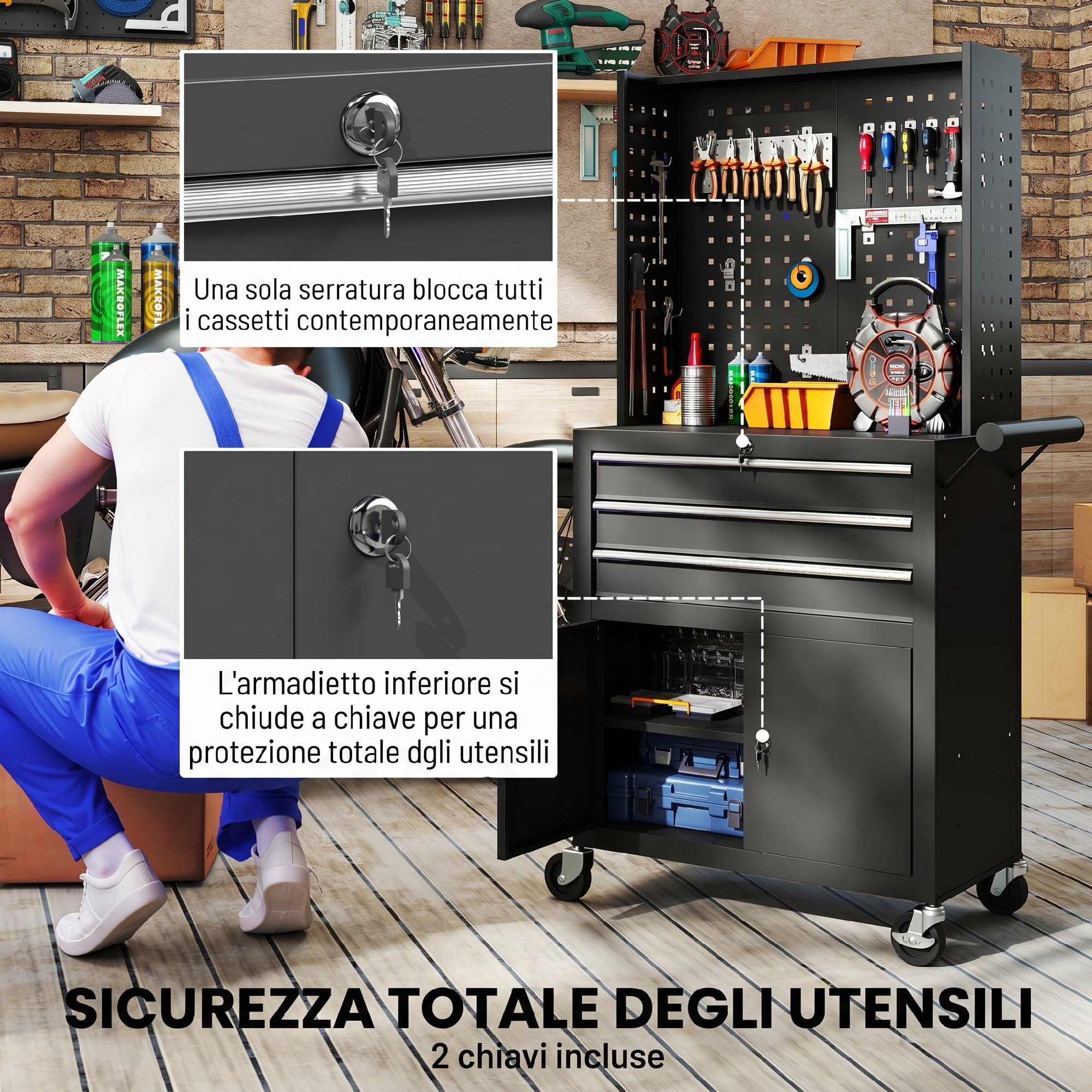 HOMCOM Carrello Porta Attrezzi in Acciaio con Serrature, Carrello Portautensili da Officina con Piano di Lavoro, 3 Cassetti, Armadio, Pannelli Forati, Ruote, Maniglia, Capacità 80kg, Nero