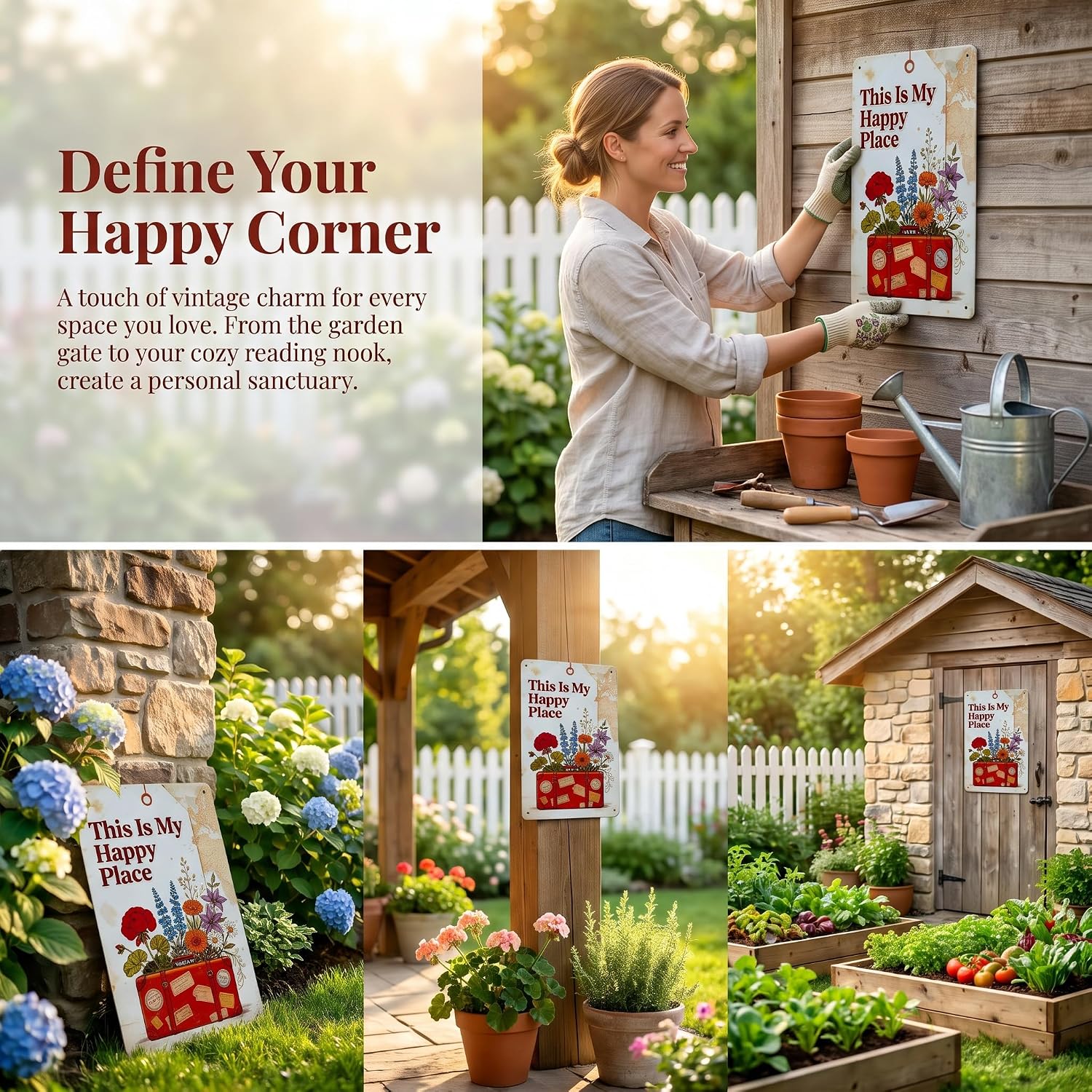Garden Sign “This Is My Happy Place” Metal Tin Sign, Garden Gift for Home Garden Greenhouse Courtyard Residence, Outdoor Wall Decoration 8X12 inches image 2