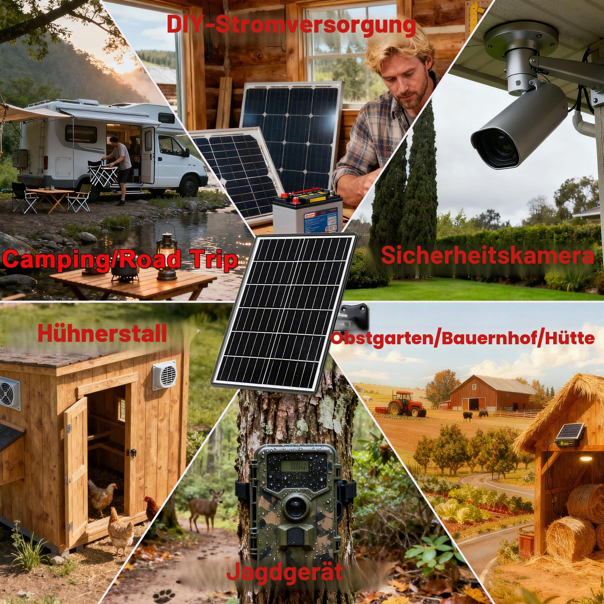 15W Solarpanel-Set mit 16000 mAh Akku, 5V/6V/9V/12V, USB-C, Micro-USB, DC 2,1/1,7/1,35 mm, kompatibel mit 3G/4G Wildkamera