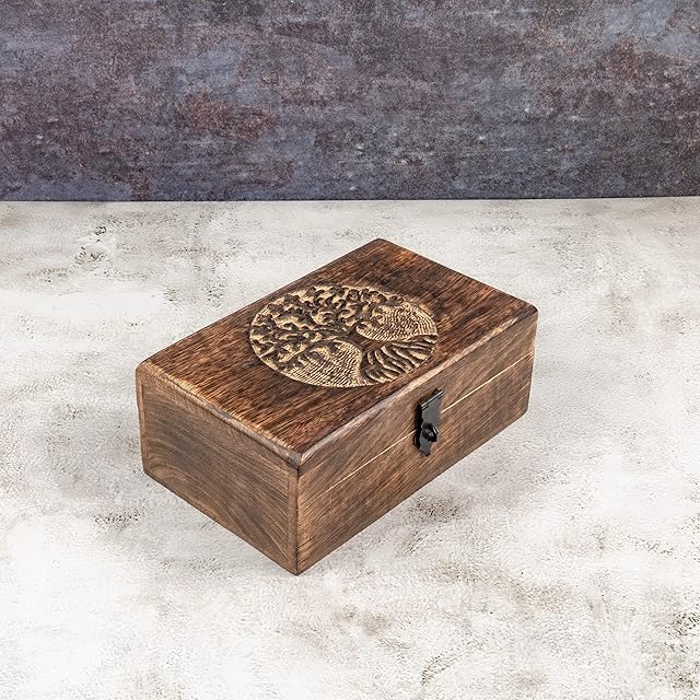 Samhita Handmade Mango Wood Tree of Life Engraving Beautifully Keepsake Box Jewellery Organiser Unique Gift Ideas for Men & Women . (Flame Work Finish)