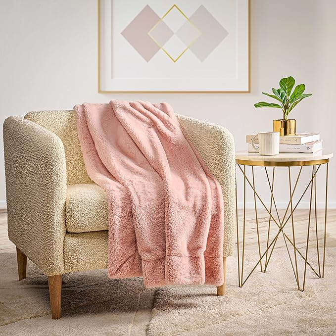 Lumina Lou Solid Faux Fur Throw Blanket Bed & Sofa Faux