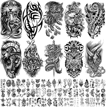 Metuu 70 Sheets Temporary Tattoo Stickers For Men Women Boy Girl,Owl Eagle Snake Clock Lion Planet Dragon Totem Half Arm Removable Fake Tattoos