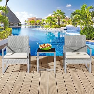 ASOWNSUN 3 pcs Rattan Bistro Set 2 Seater Rattan Table and 2 Chairs for Garden, Balcony, Lawn, Patio (Cream)