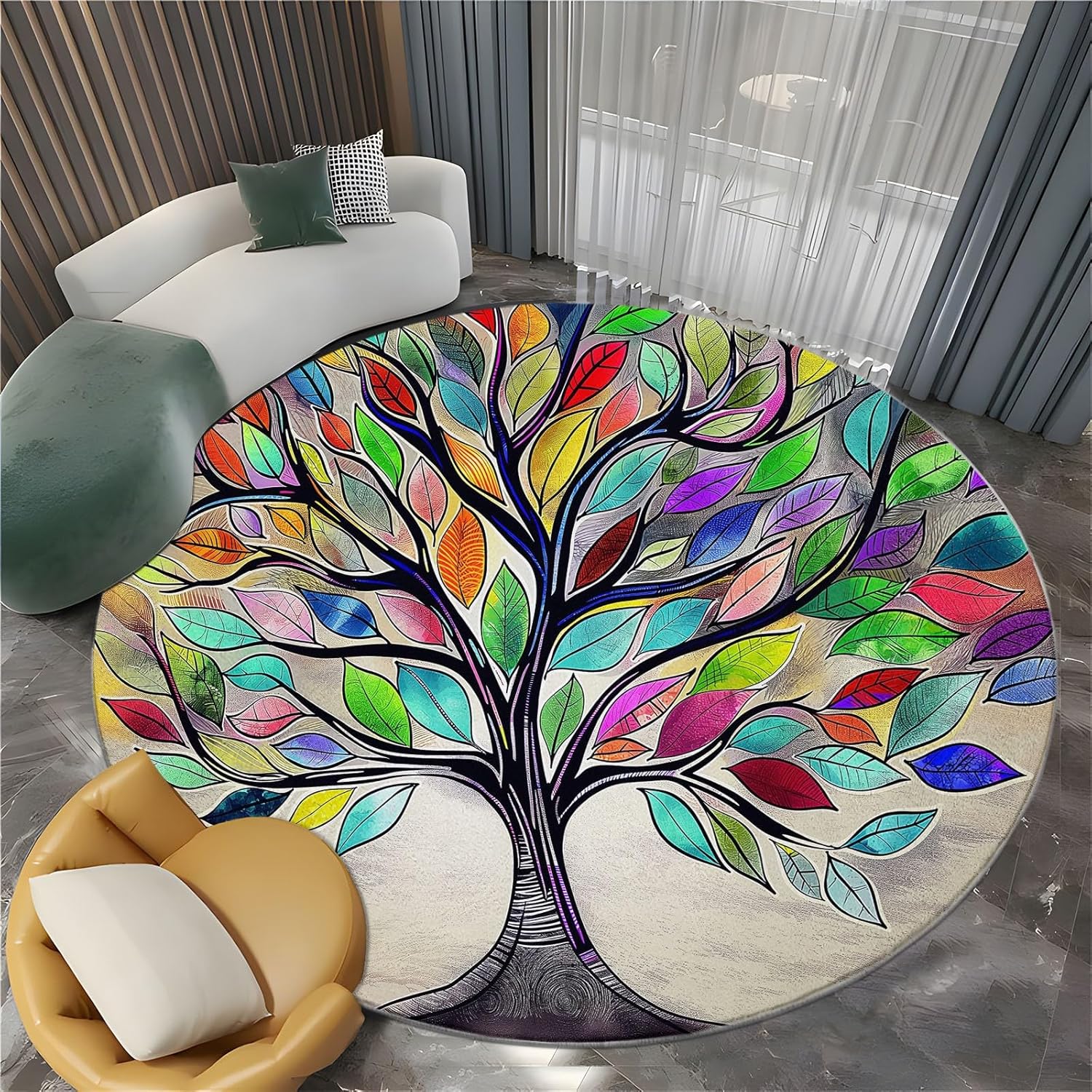 Washable Round Rugs Tree of Life Hand-Painted Leaves 2 ft Round Rug for Living Room, Abstract Non Slip Carpets with Rubber Backing - Soft Circle Carpet 2' x 2' for Dining Room Table