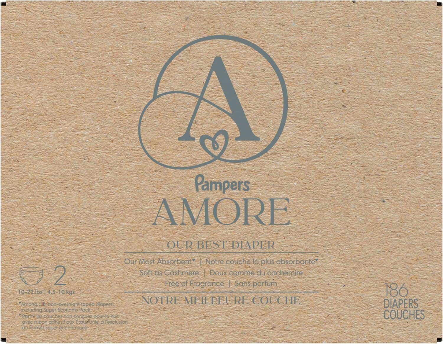 Pampers Amore, Size 2 (10-22 lbs), 186 Count, Our Best Diaper – Hypoallergenic & Fragrance Free, Up to 100% Leakproof, Soft as Cashmere - Image 17