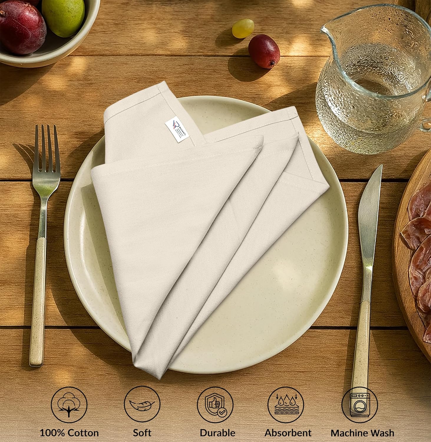 Ruvanti Cloth Napkins Set of 12, 100% Cotton High GSM 18x18 Inches Soft, Washable, Highly Durable & Absorbent, Perfect for Parties, Christmas, Thanksgiving Dinners – Antique White