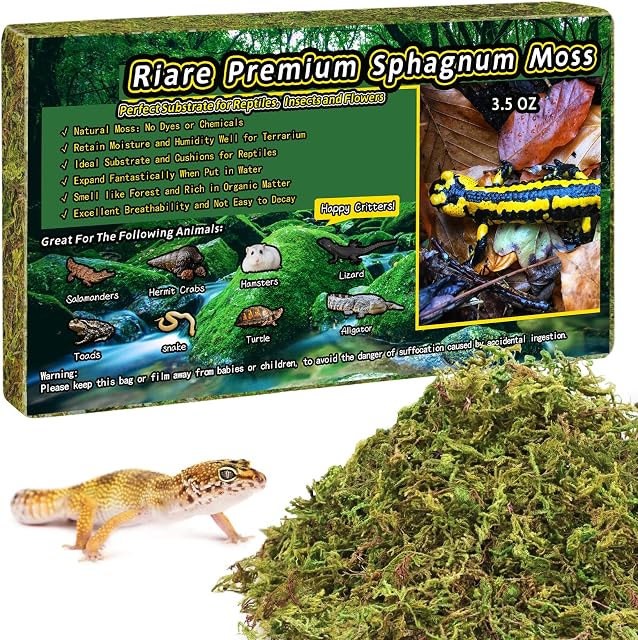 Riare 3.5oz Natural Sphagnum Moss for Reptiles, Terrarium Substrate Bedding | 4QT High Expansion, Moisture Retention, Helps Shedding, Long Fibered Dried Moss for Leopard Gecko, Snake, Frog, Turtle
