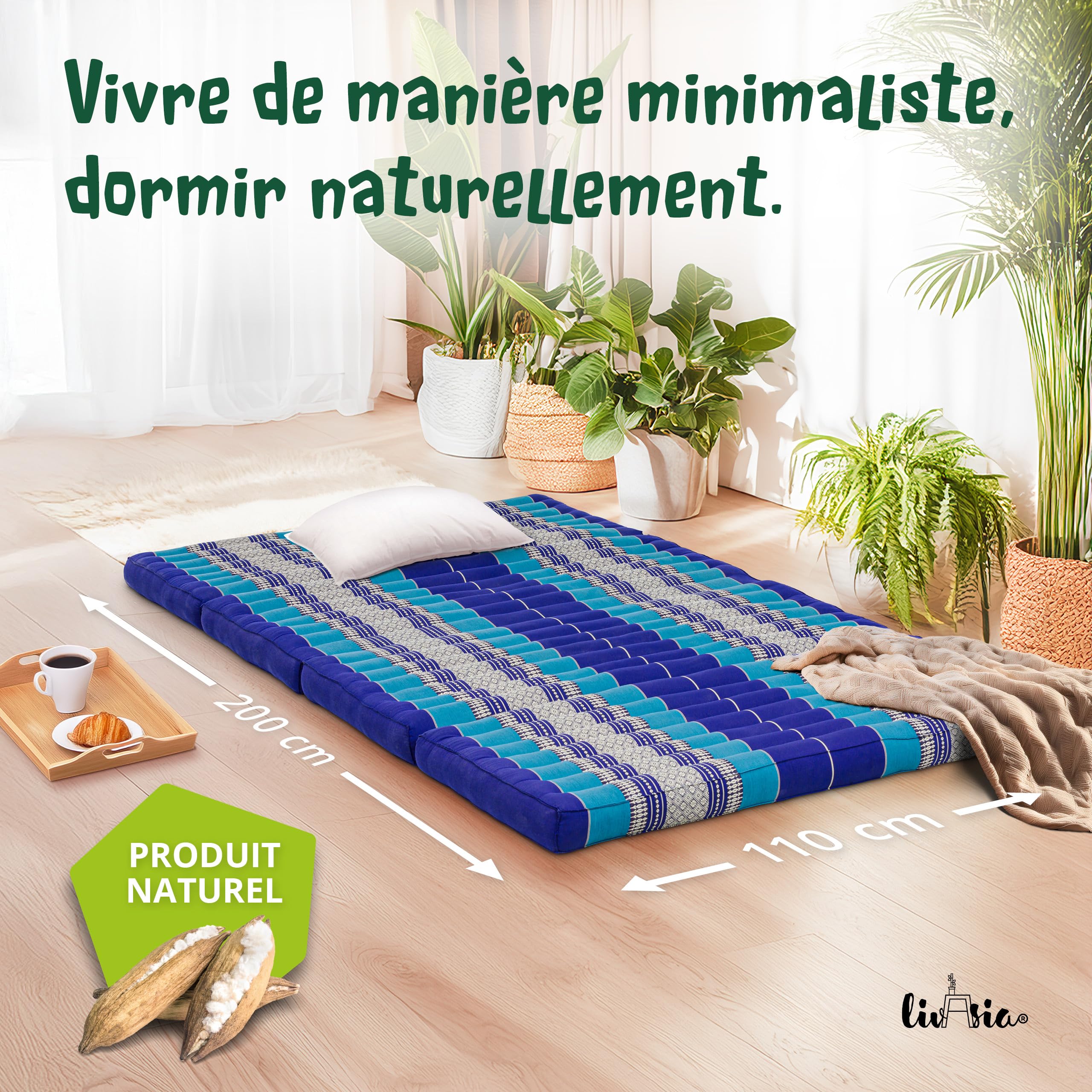 Livasia Matelas Pliable Durable en kapok - 200x110x8cm - Matelas d’invité Large, Matelas Pliable, Tapis de Yoga, Lit d’invité, Chaise Longue pour Le Jardin et Le Balcon (Bleu)