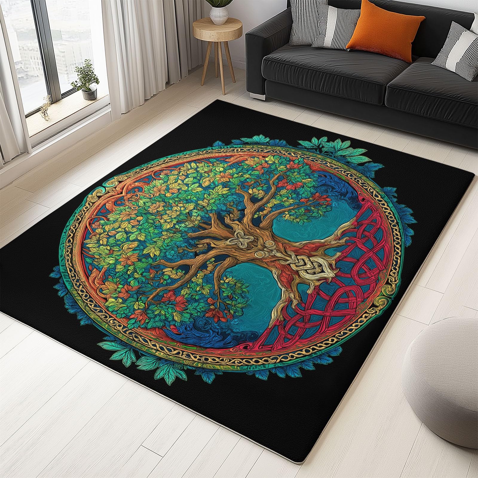 Tapis de salon en flanelle 180 x 240 cm noir motif feuilles tapis de sol chambre bureau