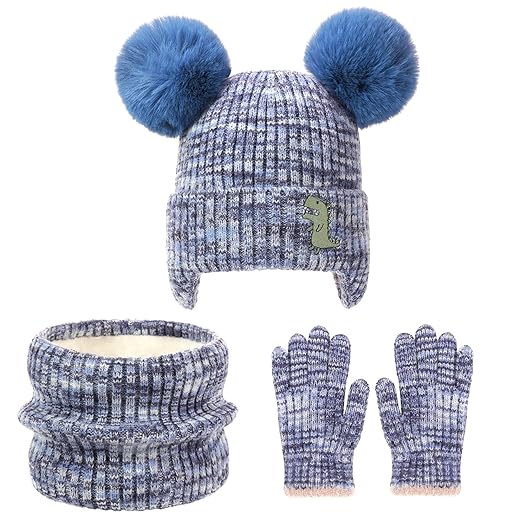 FENELY Conjunto de 3 peças de luvas de chapéu de inverno para crianças, gorro de orelha quente com luvas para meninos e meninas de 3 a 10 anos