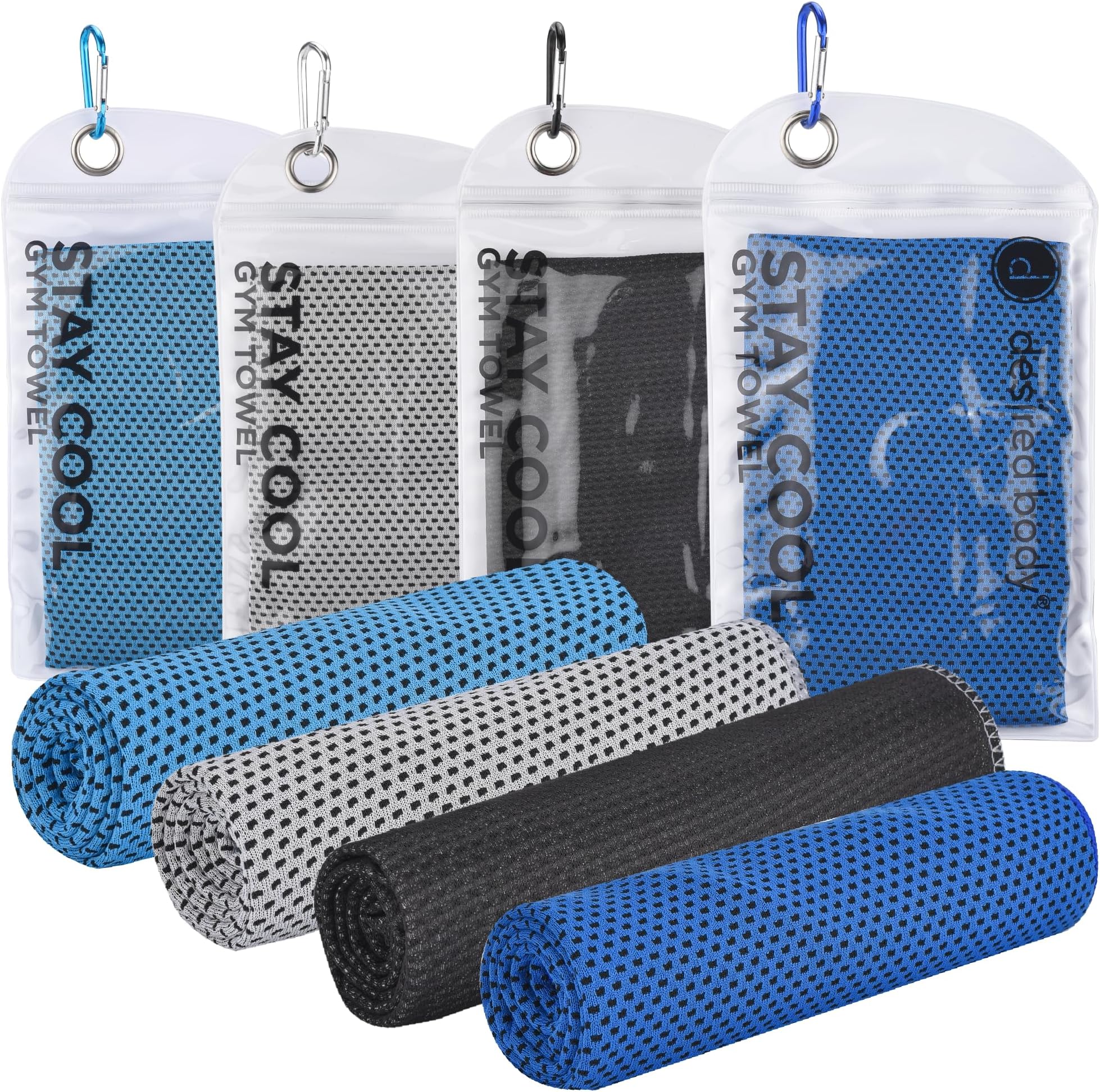 Microfiber Cooling Towels for Neck and Face - 4 Pack 40x12” Mesh Quick Dry Gym Towels for Working Out with Waterproof Bag and Carabiner - Sweat Rag for Gym, Sports, Outdoor Activities