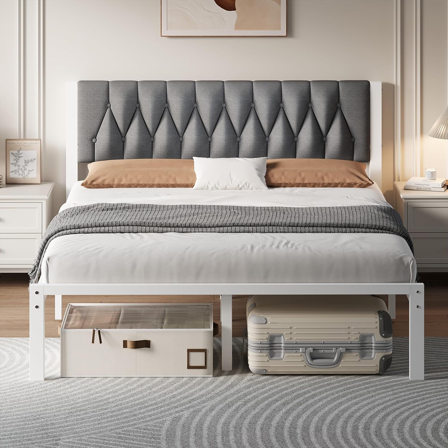 Decofy Queen Size Upholstered Bed Frame with Tufted Headboard and Raised Footboard, Metal Platform Bed Frame, Easy Assembly, Noise Free, No Spring Box Needed (Grey)