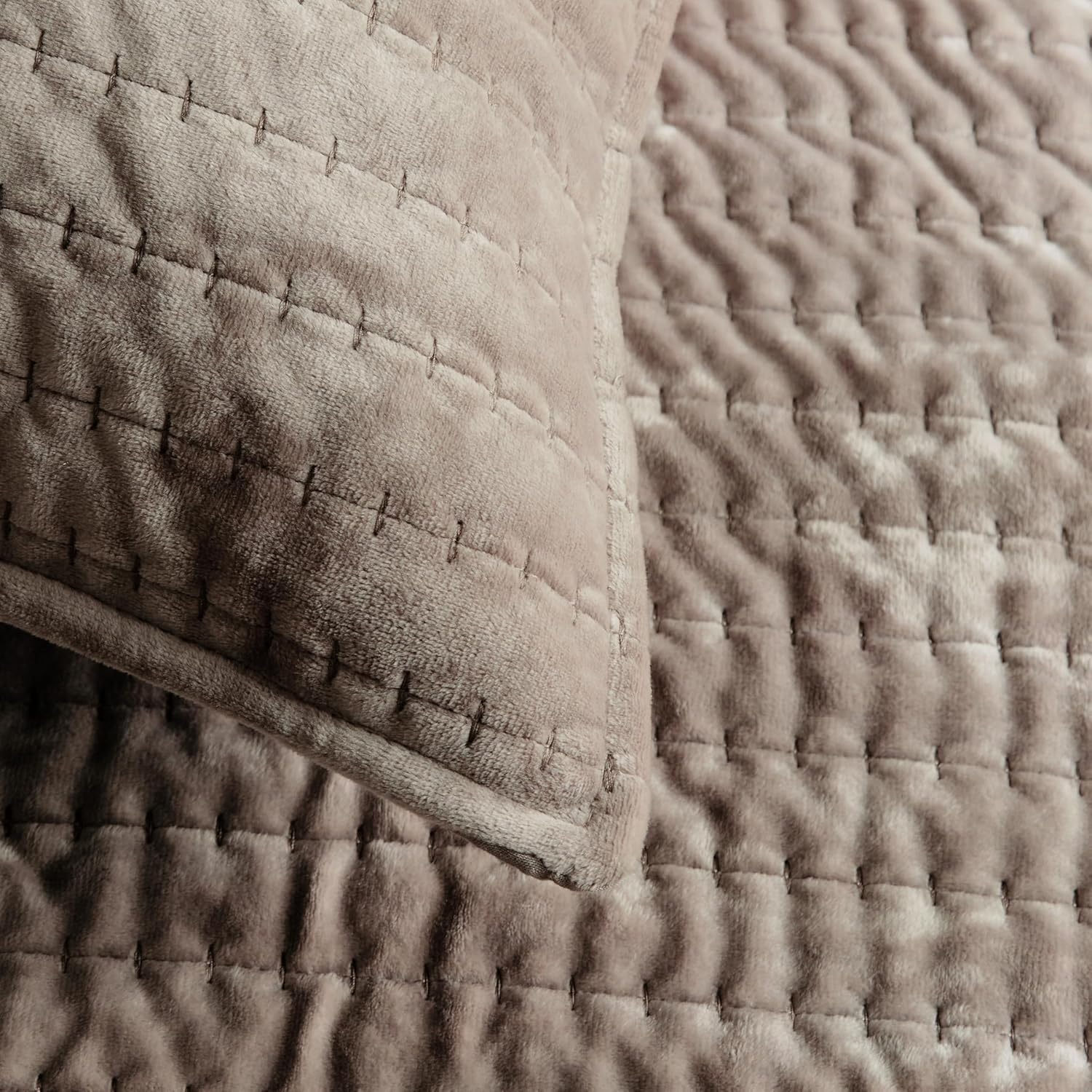 WDCOZY Velvet Queen Size Quilt Set - Brown Taupe Tan Camel Striped Pick Stitch Soft Lightweight Bedspread, Channel Farmhouse Country Rustic Coverlet, Modern Bedding Warm Thin Comforter, 3 Pieces - Image 7