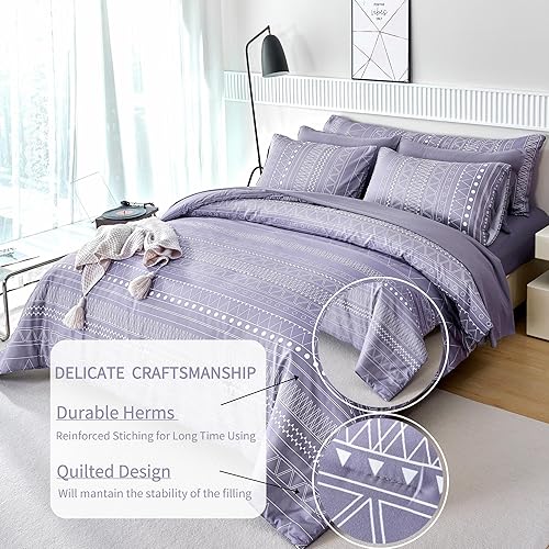 Miniatura 3 de RYNGHIPY Juego de edredón bohemio de color morado polvoriento, tamaño matrimonial para niños, edredón de microfibra suave con sábanas y fundas de