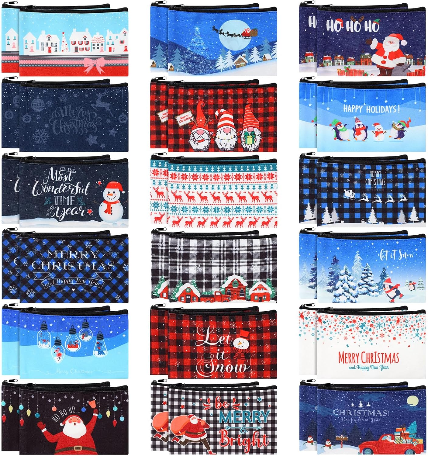 Abbylike 36 Pcs Christmas Makeup Bags Bulk Gifts Plaid Cosmetics Santa Gnomes Elk Snowman Xmas Purse Double Sided Goodie Bags for Women Travel Holiday Present,18 Styles (Christmas)