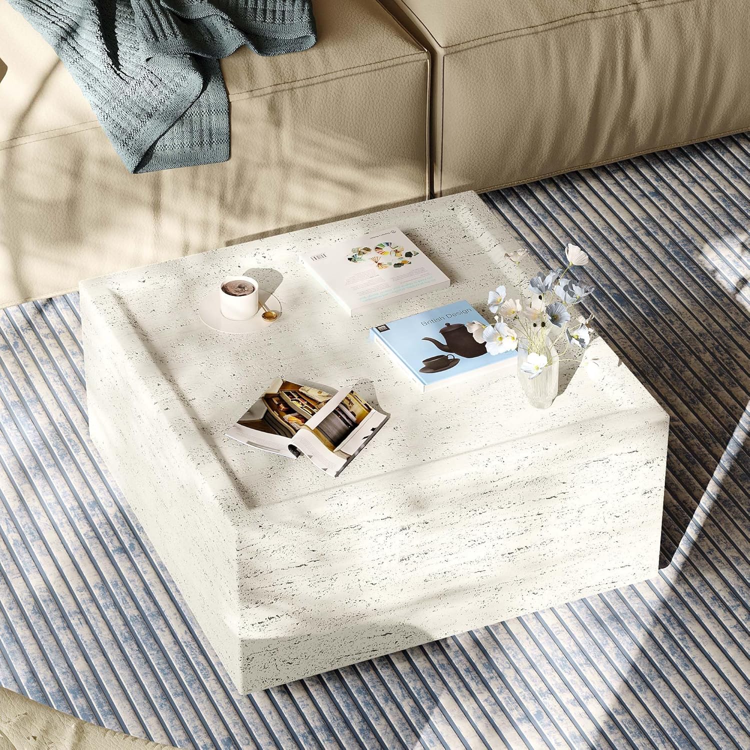 Patio Watcher 28" Modern Square Coffee Table, Light Concrete Textured Center Table for Living Room, Stone Accent Coffee Tea Table for Apartment, 28"×28"×13", No Assembly, Off-White