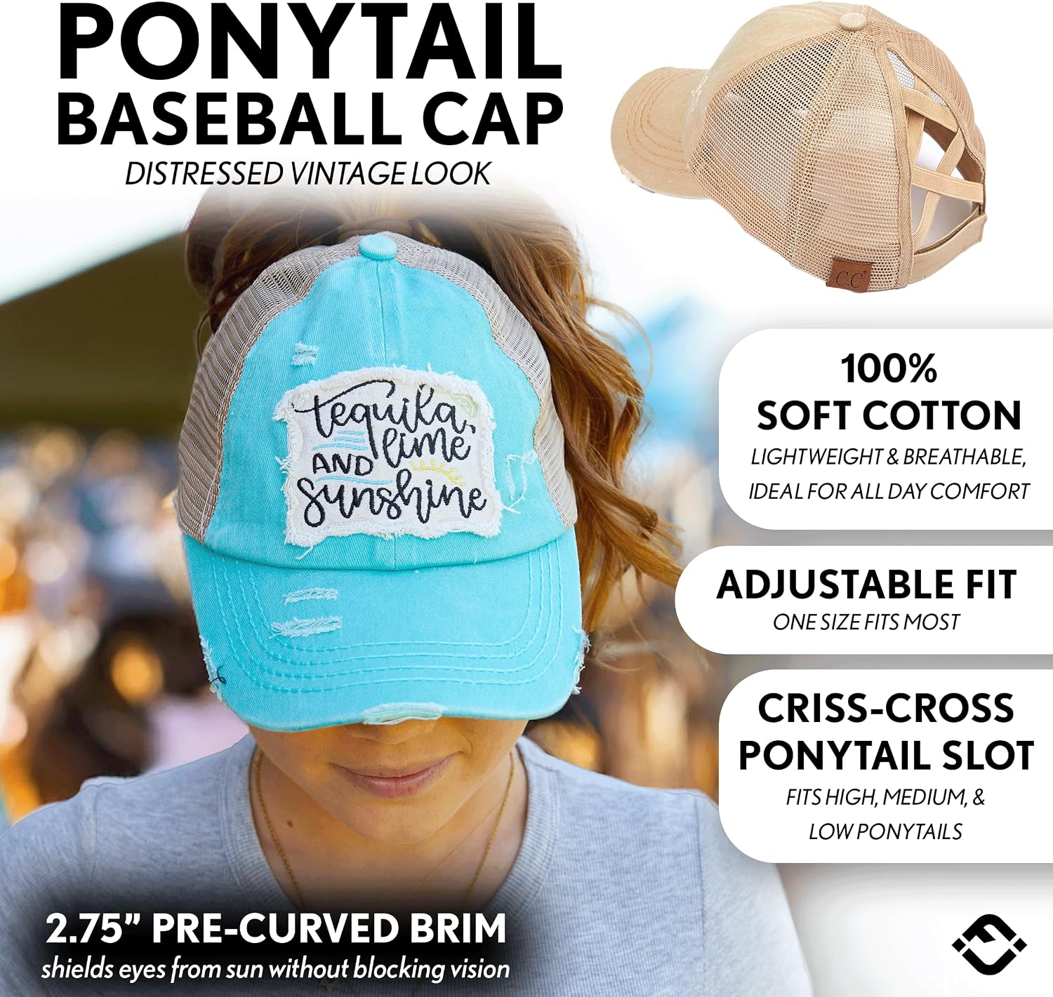 Funky Junque Ponytail Hats for Women - Funny Baseball Cap with Sayings, Criss Cross Back High Pony Adjustable Hat