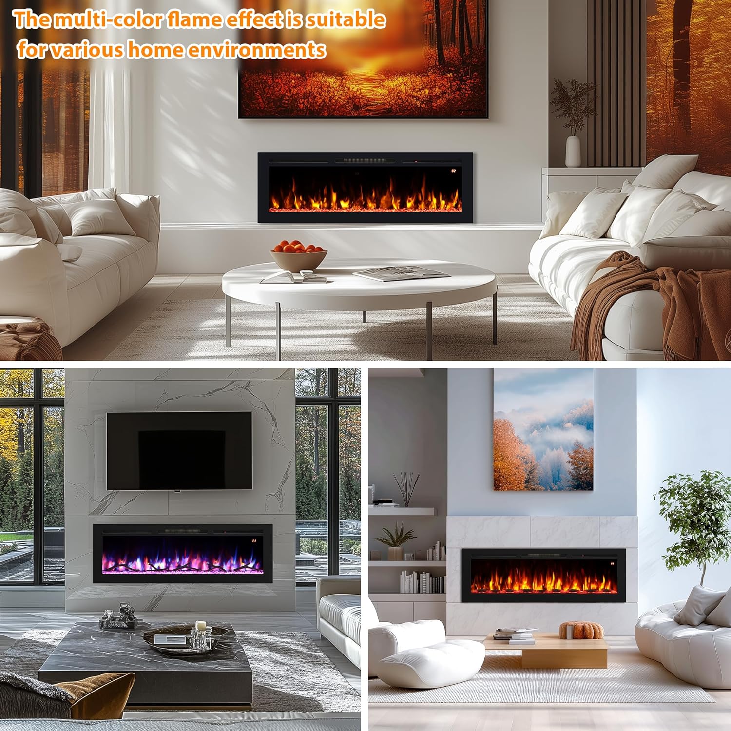 Image showing a child sleeping peacefully near the fireplace, highlighting safety features like child lock, timer, overheat protection, and cool-to-touch exterior.