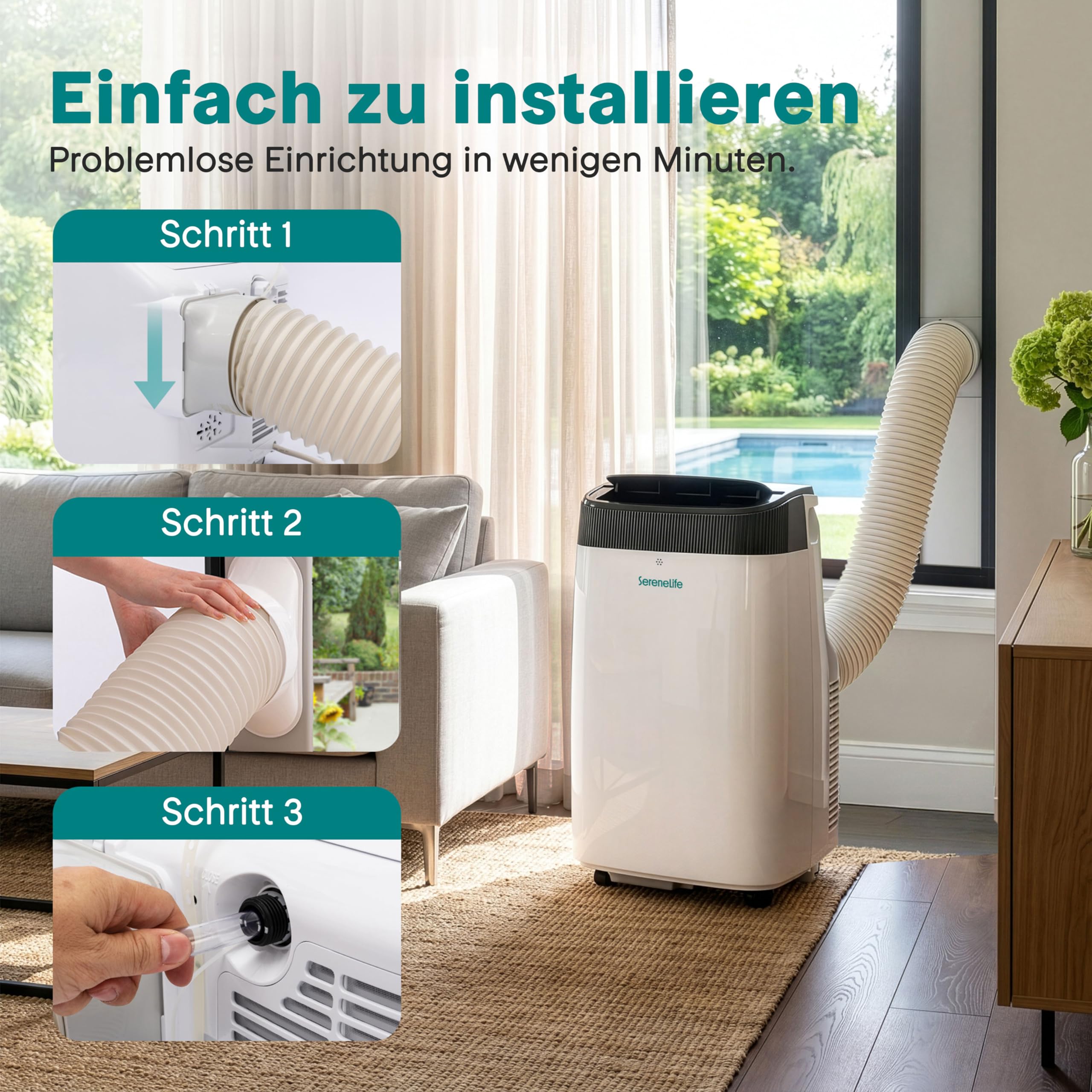 SereneLife Mobile Klimaanlage 4 kW 9000 BTU Leises Klimagerät bis 20 m² mit Entfeuchter, Lüfter & Fernbedienung
